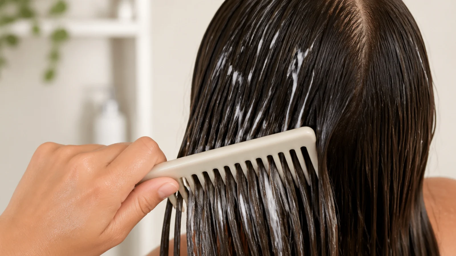 Wide-tooth comb running through conditioner-slick hair from the ends upward in the shower
