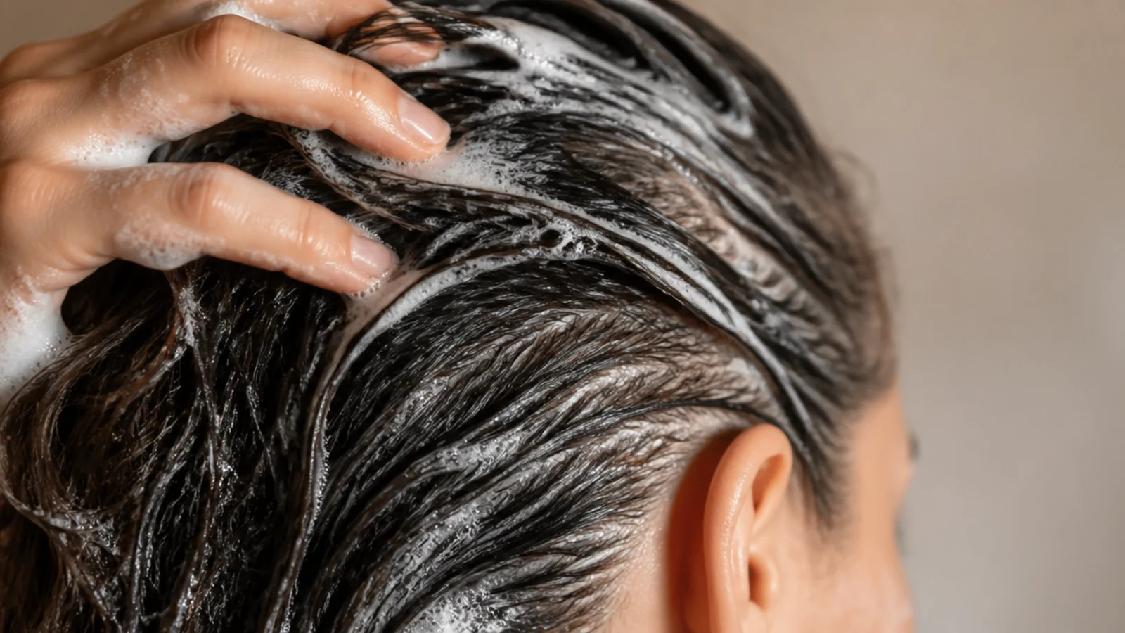 Clarifying shampoo lathered at the scalp to remove hard water and product buildup