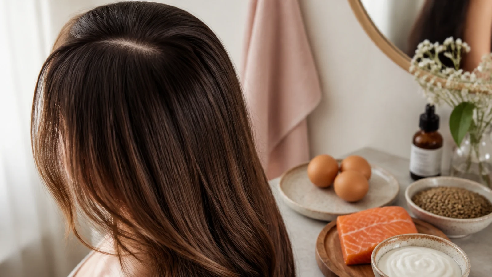 Eggs, salmon, Greek yogurt and lentils laid out as protein sources that support hair growth