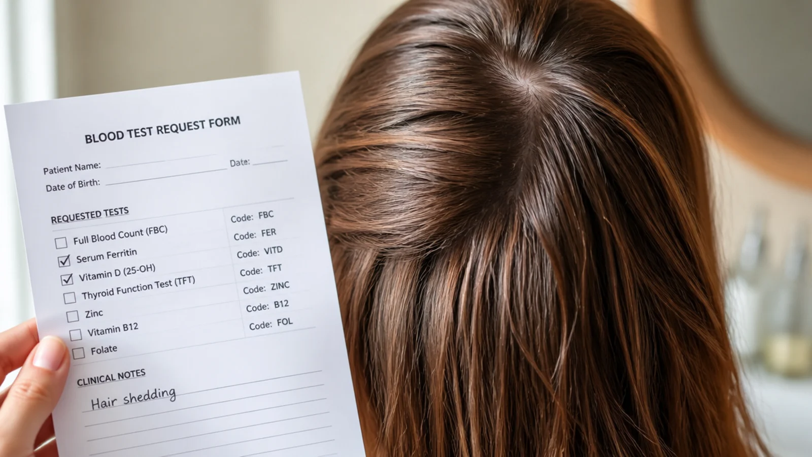 Blood test request form for ferritin and vitamin D levels related to hair shedding
