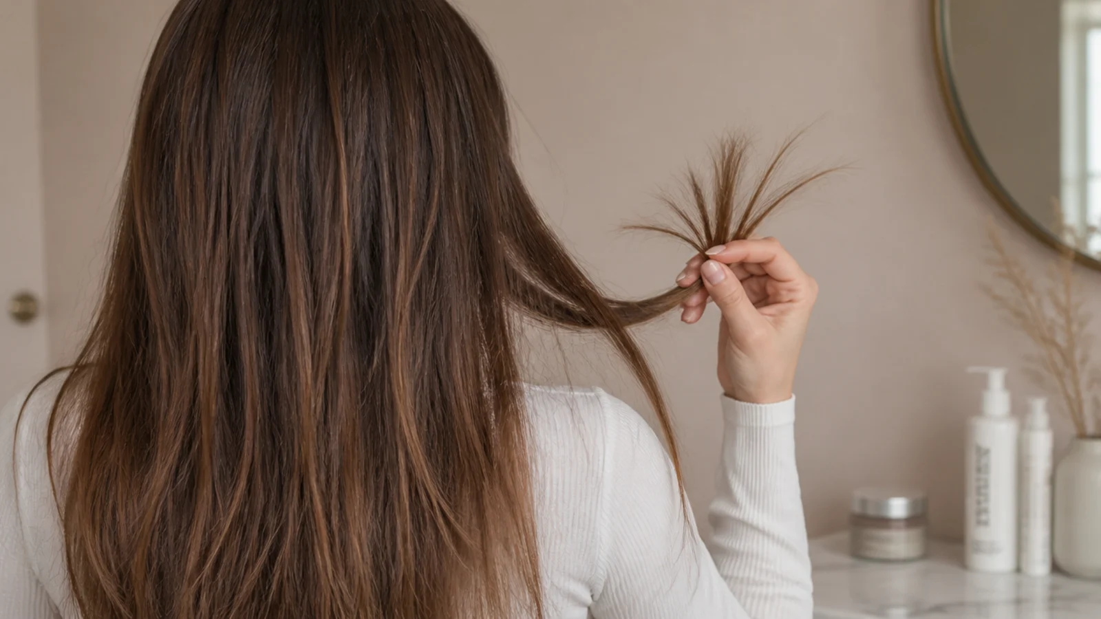 Split ends and short broken hair pieces compared against healthy blunt long hair ends