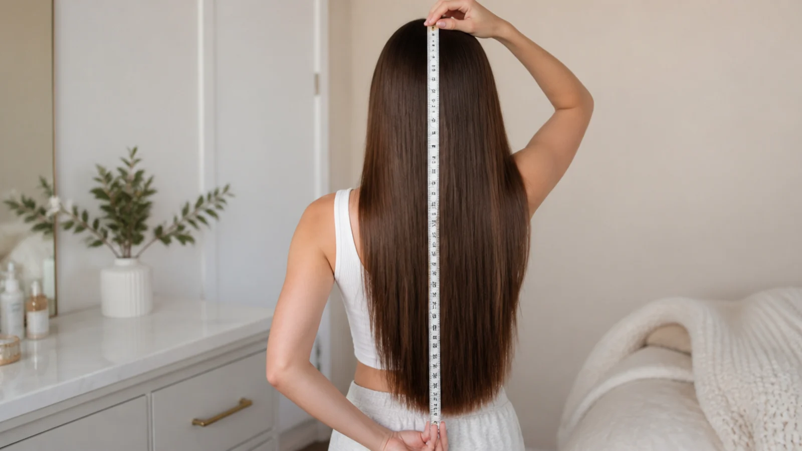 Long brown hair with blunt healthy ends measured against a tape measure in daylight