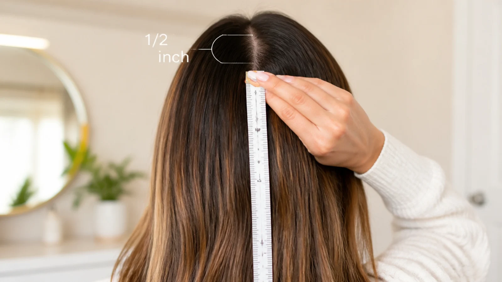 Tape measure held against long hair showing half an inch of monthly hair growth