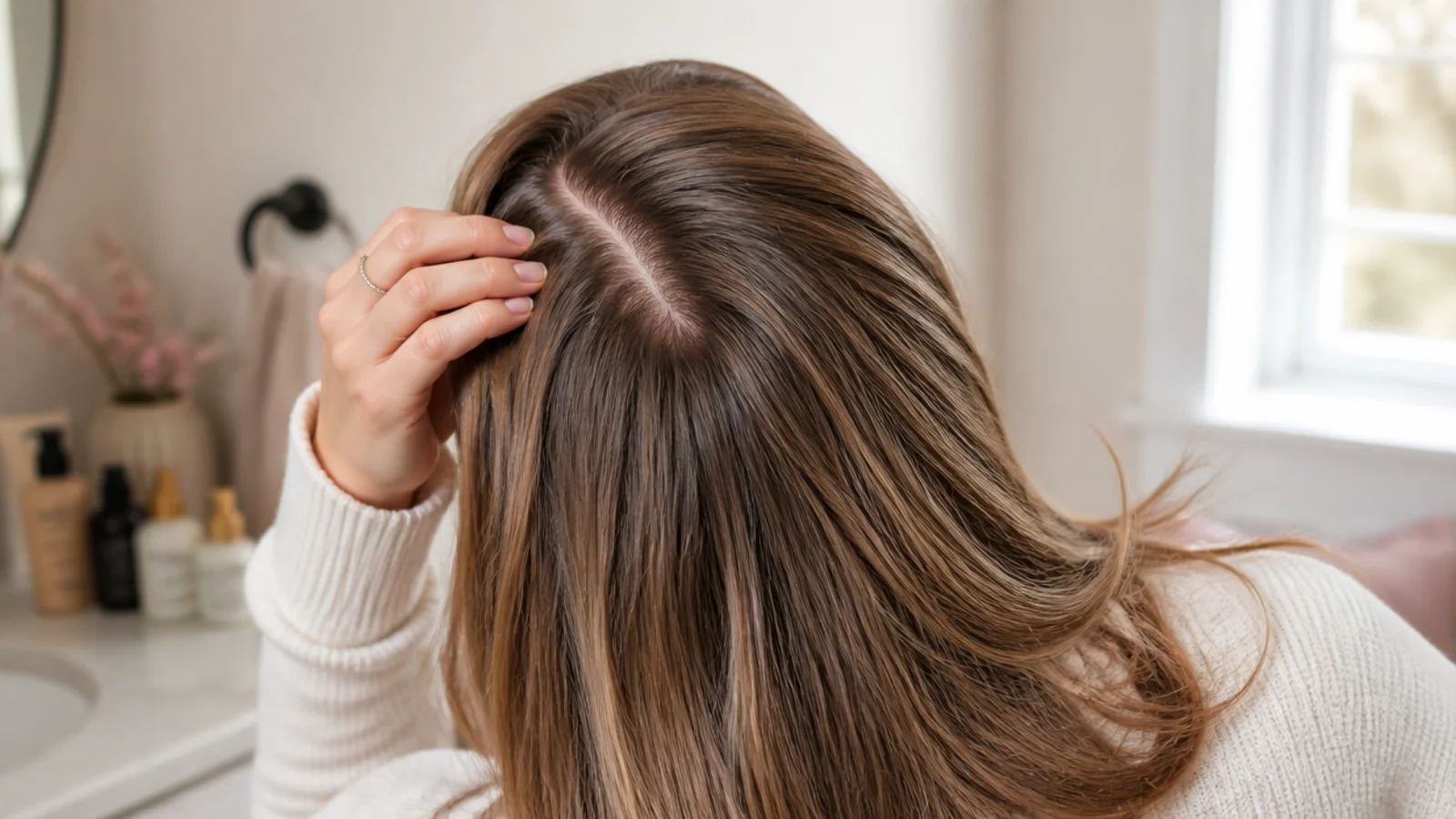 Clear healthy scalp visible at a part line with no flaking buildup or redness