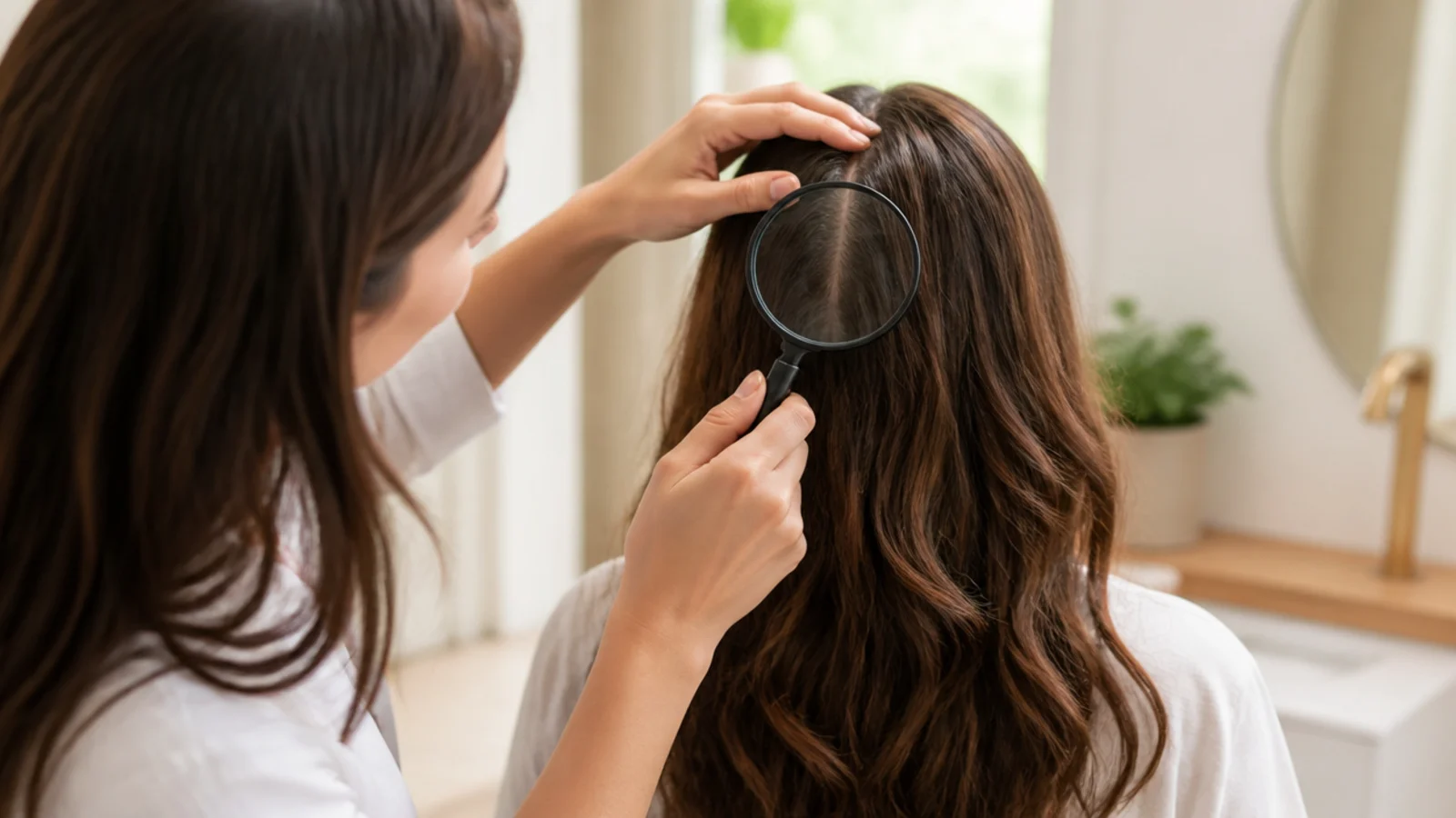 Dermatologist examining a widening part line and scalp with a handheld magnifier