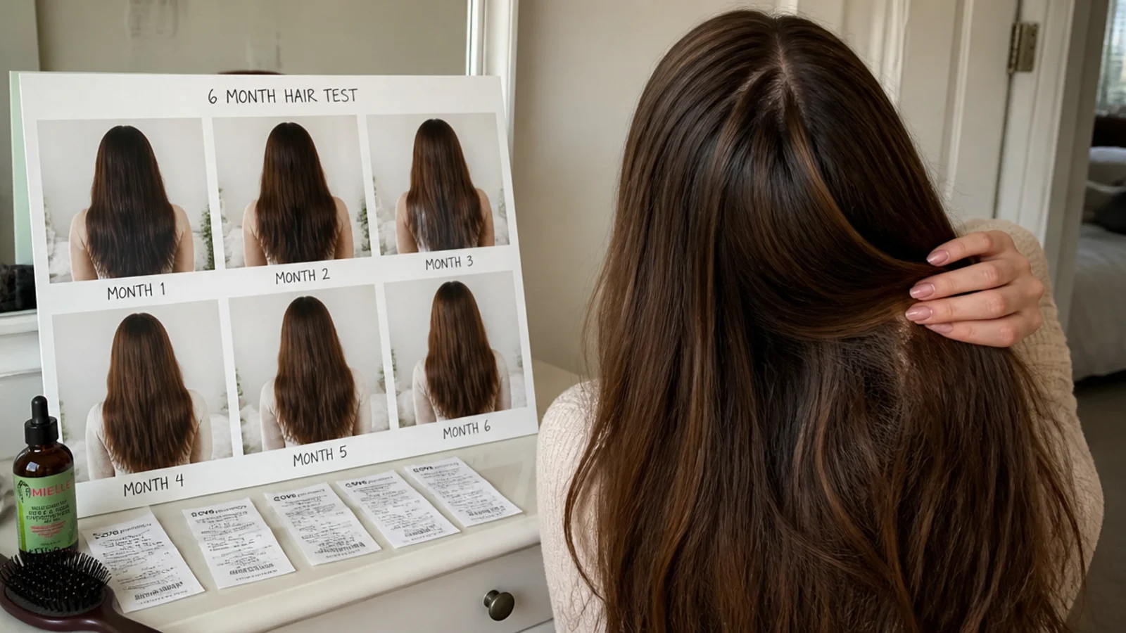 Monthly hair growth tracking photos and receipts laid out for a six month hair test