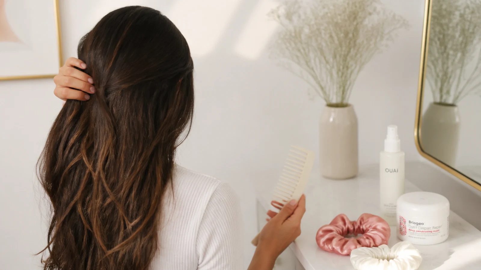 Weekly hair growth routine setup with mask, wide-tooth comb, silk scrunchies and heat protectant