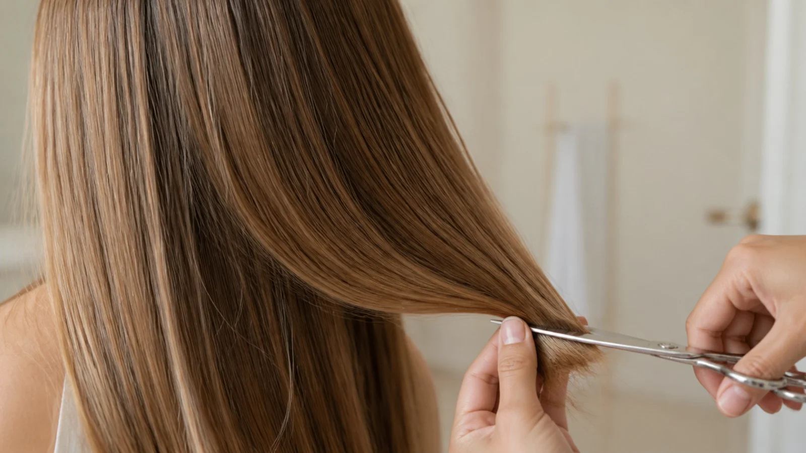 Shears trimming a quarter inch from the ends of long hair to remove split ends