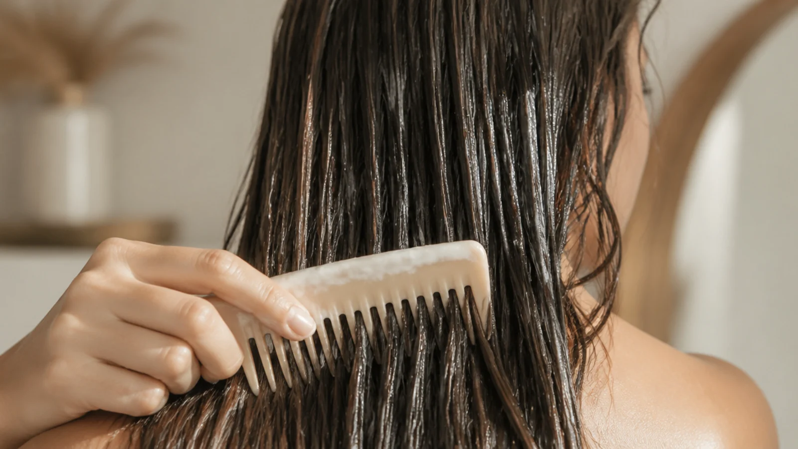Wide tooth comb detangling long wet hair coated in conditioner from the ends upward