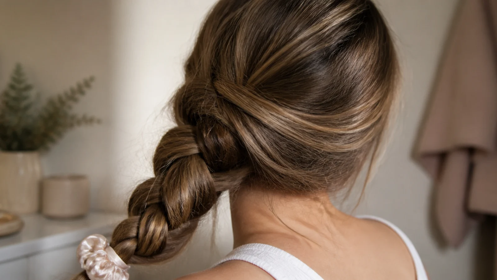 Loose overnight rope braid in long hair secured with a satin scrunchie at the ends