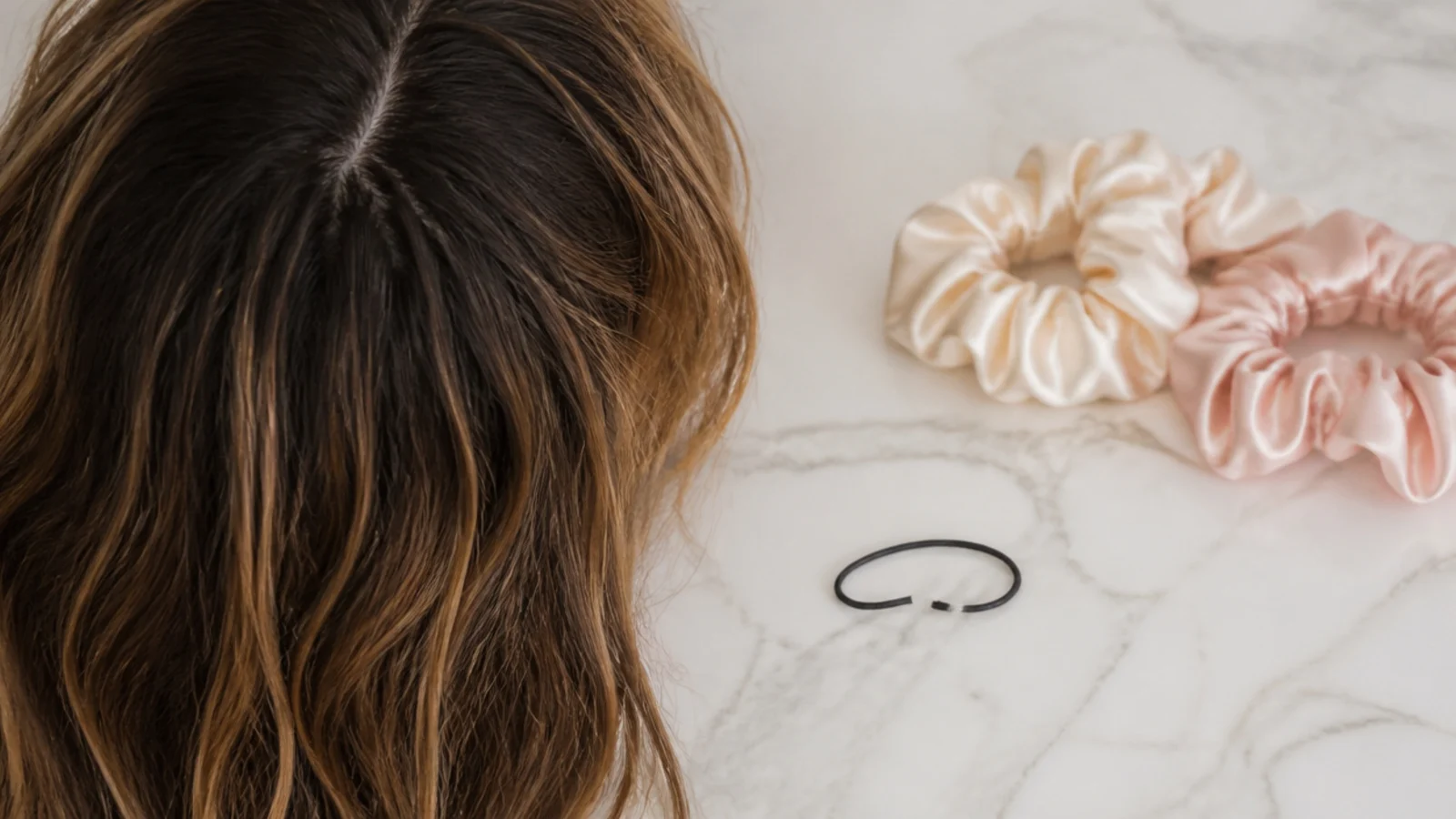 Set of silk scrunchies beside a snapped thin elastic hair tie on a marble surface