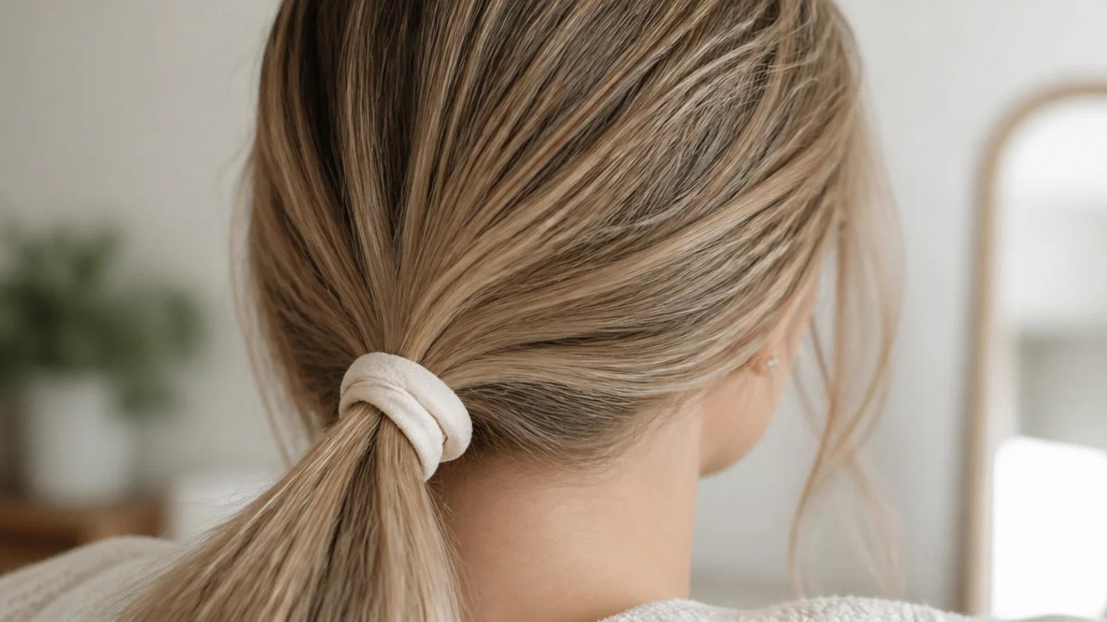 Low ponytail sitting at the nape of the neck on long hair with a relaxed hairline