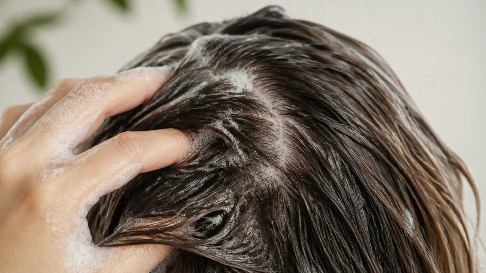 Clarifying shampoo lathered at the scalp roots of long hair to remove product buildup