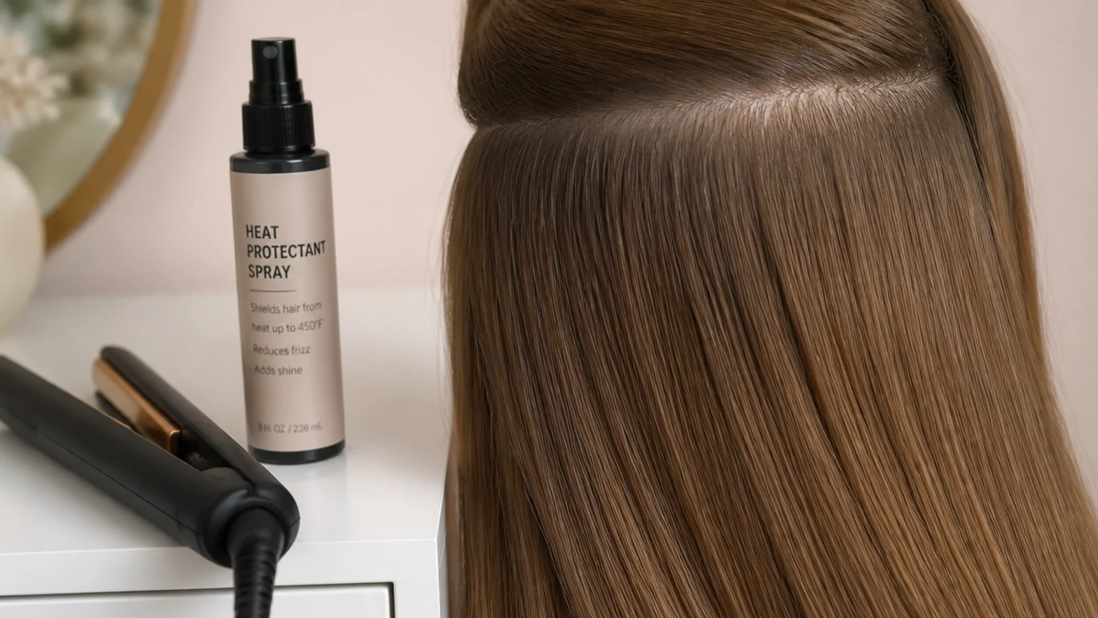 Flat iron set to 300 degrees beside a heat protectant spray and a section of long hair
