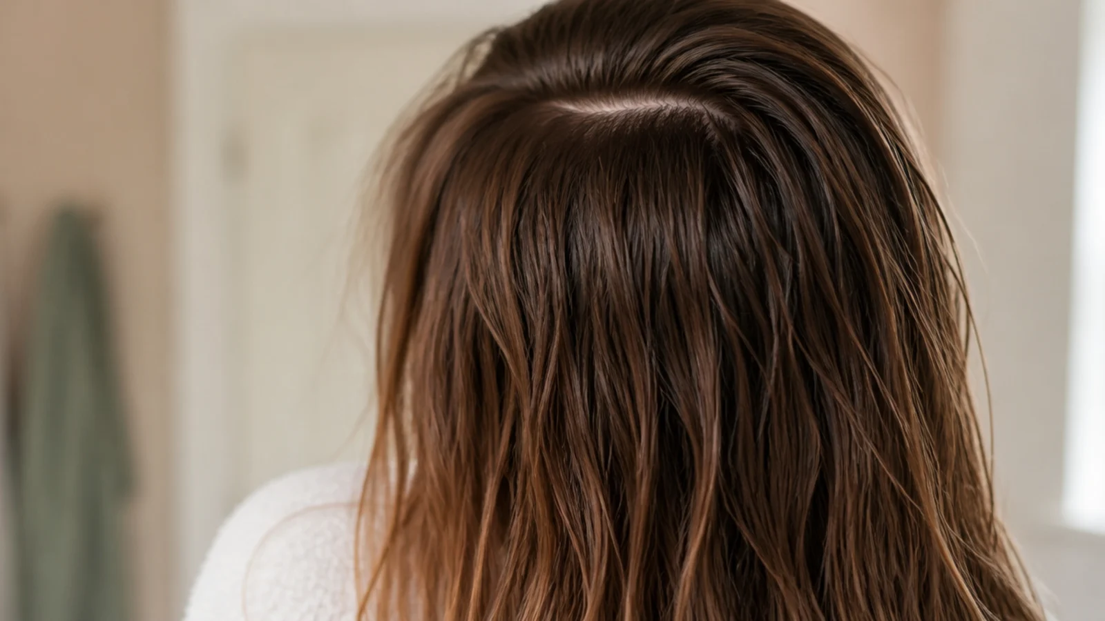 Long hair air drying to damp before a blow dryer with a diffuser attachment is used