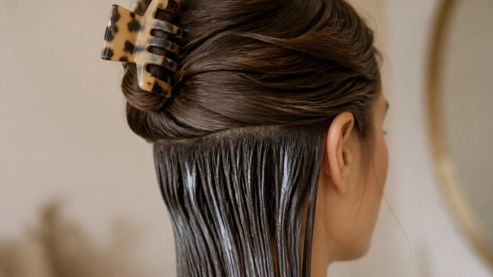 Deep conditioning mask applied to the bottom six inches of long hair and clipped up