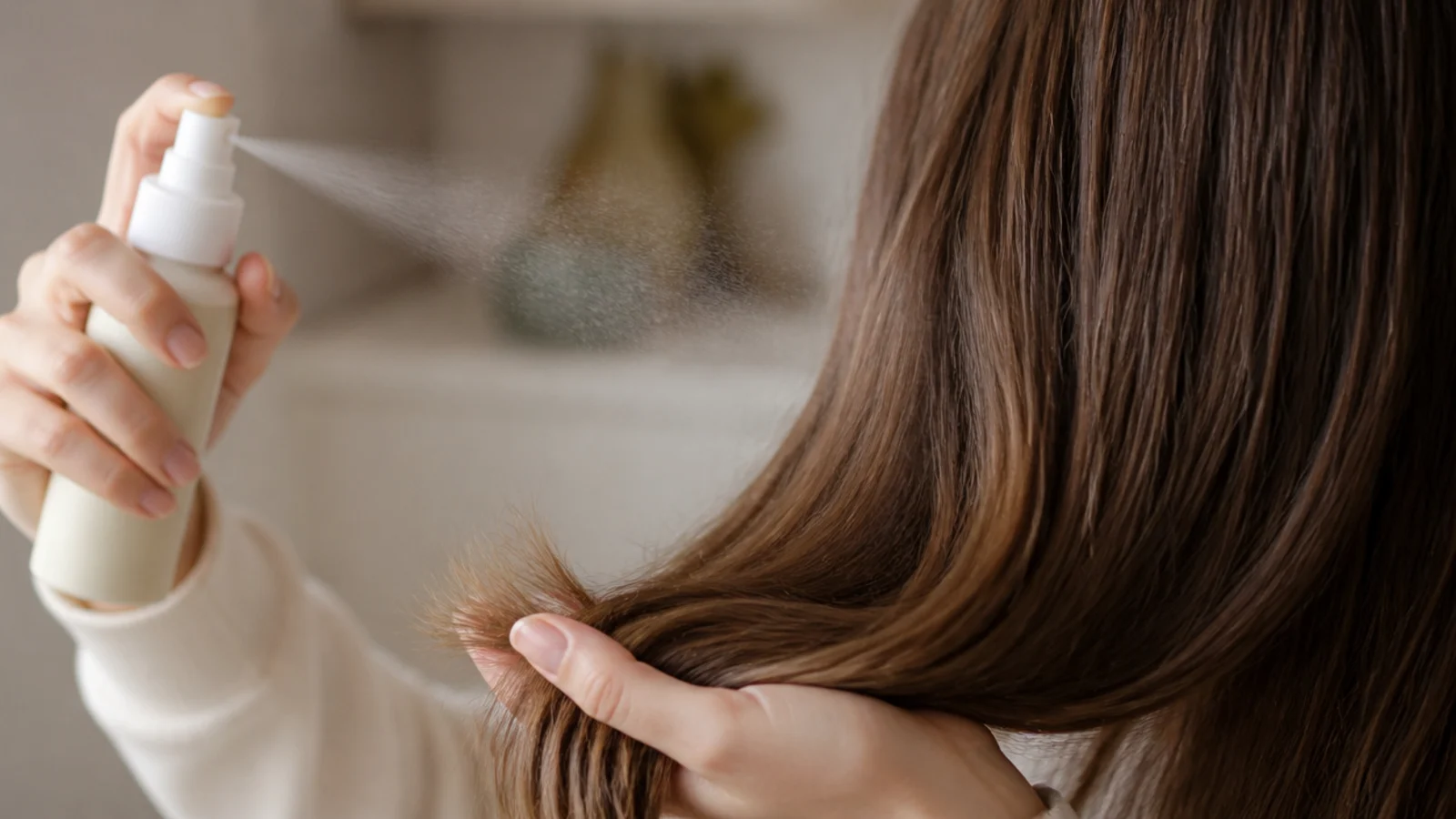Leave in conditioner spray being misted onto the dry ends of long hair in the morning