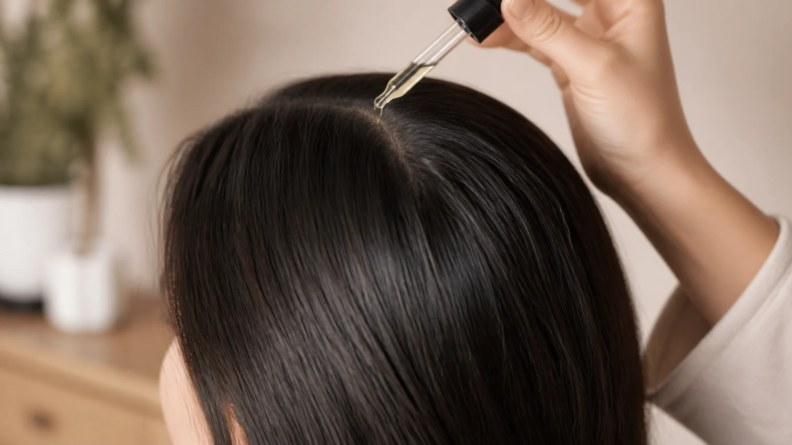 Dropper applying diluted rosemary oil to the scalp parting of long dark hair