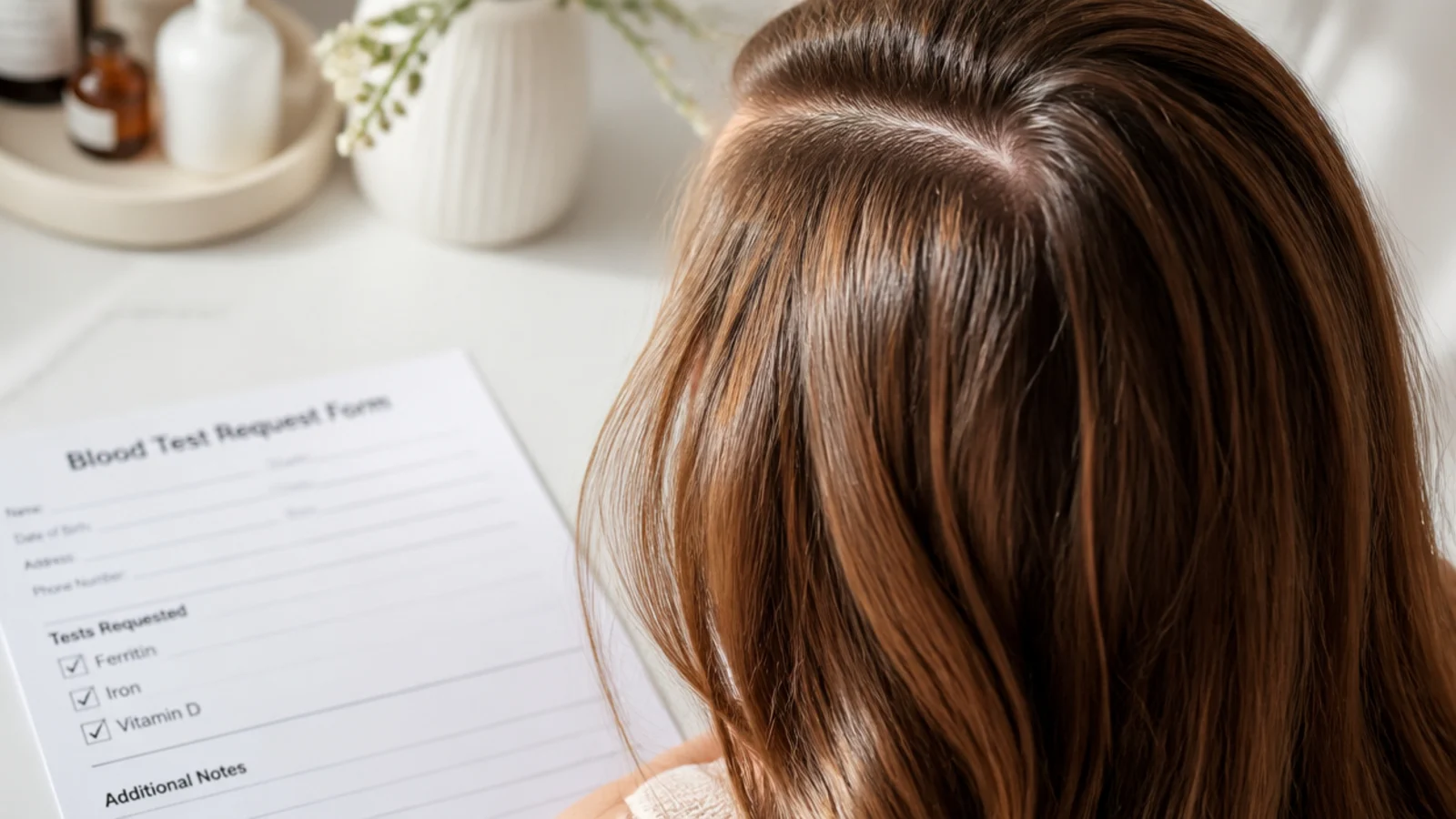 Blood test request form for ferritin, iron and vitamin D levels on a clinic desk