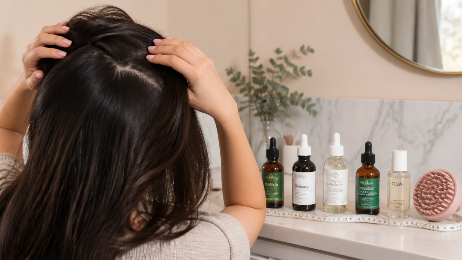Assorted hair growth products and oils lined up on a bathroom counter with a measuring tape