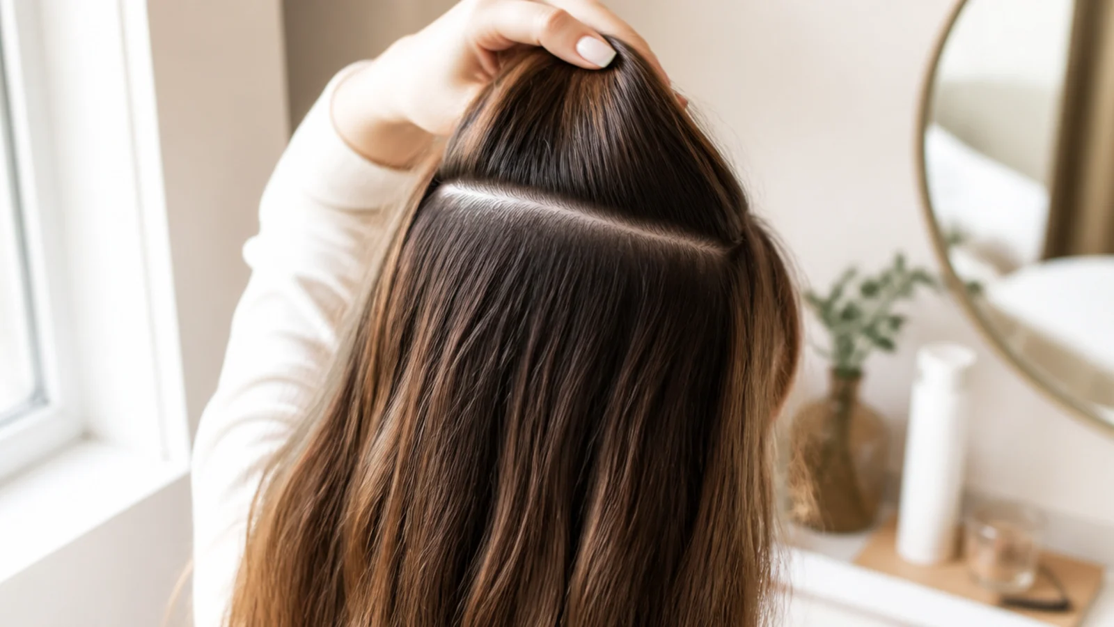Diagram style photo of a hair part line showing new root growth on long brown hair