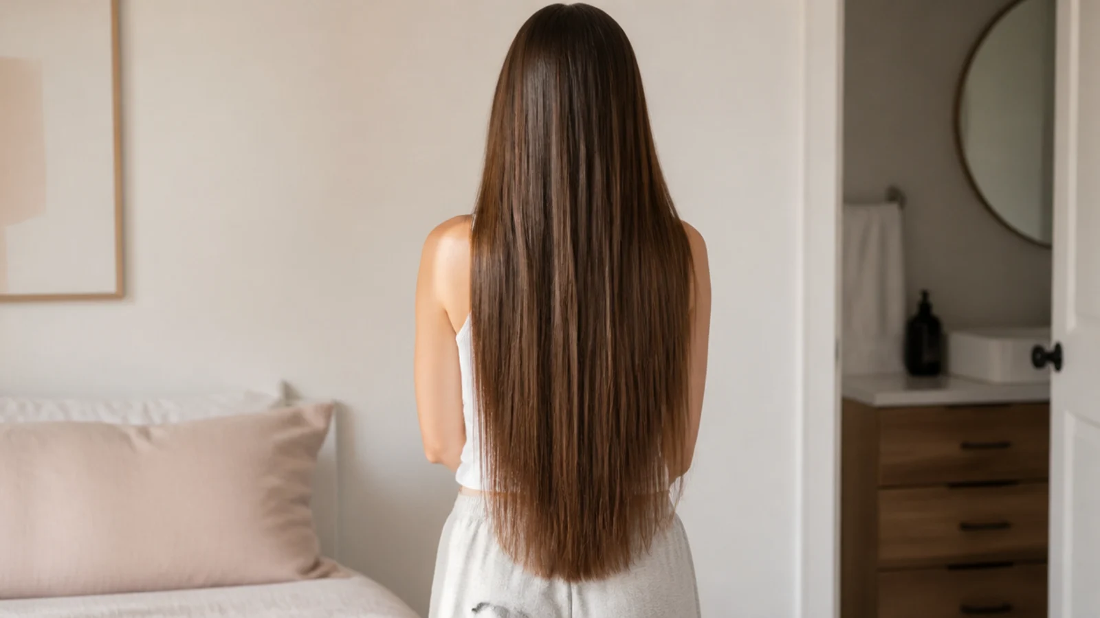Waist length brown hair with blunt healthy ends shown from behind in natural light