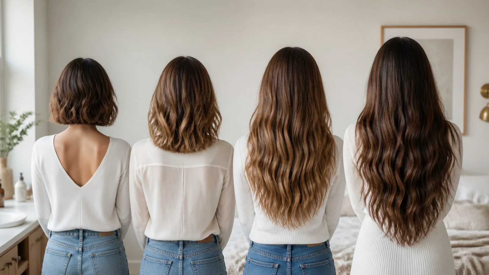 Four lengths of hair compared from chin length bob to shoulder collarbone and waist length