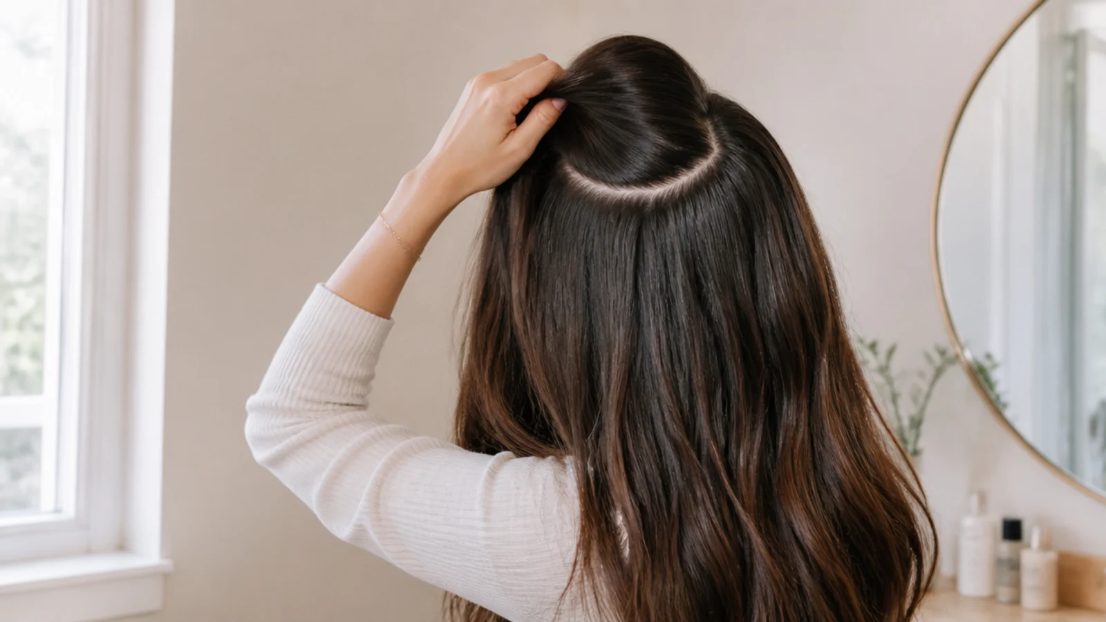 Clean scalp parting on long hair with no flaking or product buildup at the roots