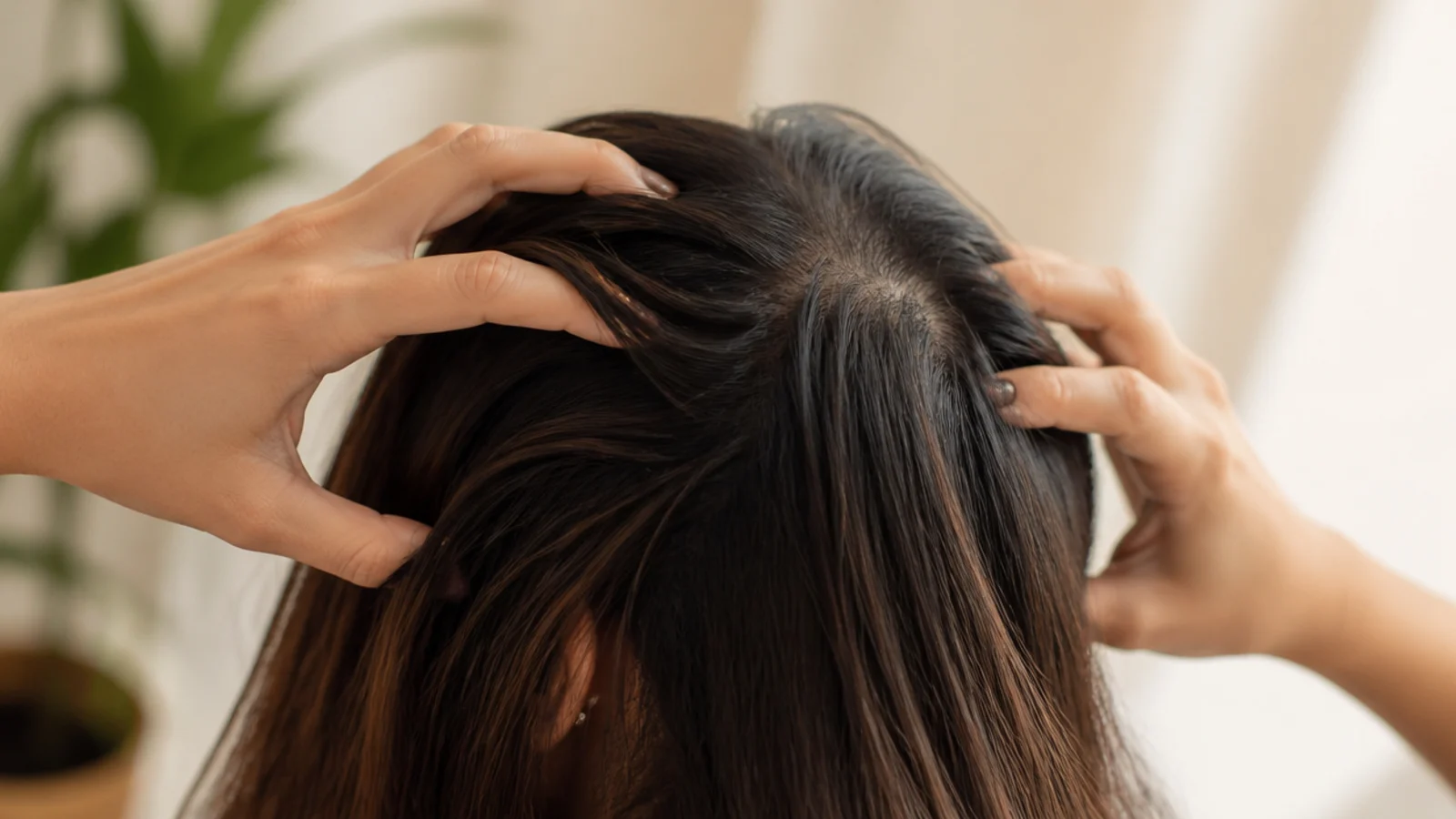 Fingertips massaging the scalp in small circles as a free natural hair growth tip