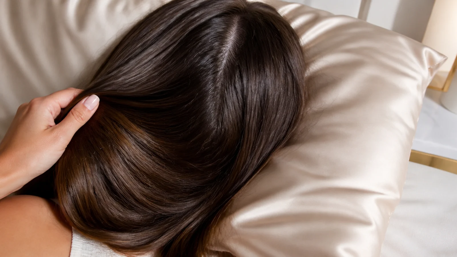 Champagne satin pillowcase on a bed used to reduce overnight hair breakage and friction