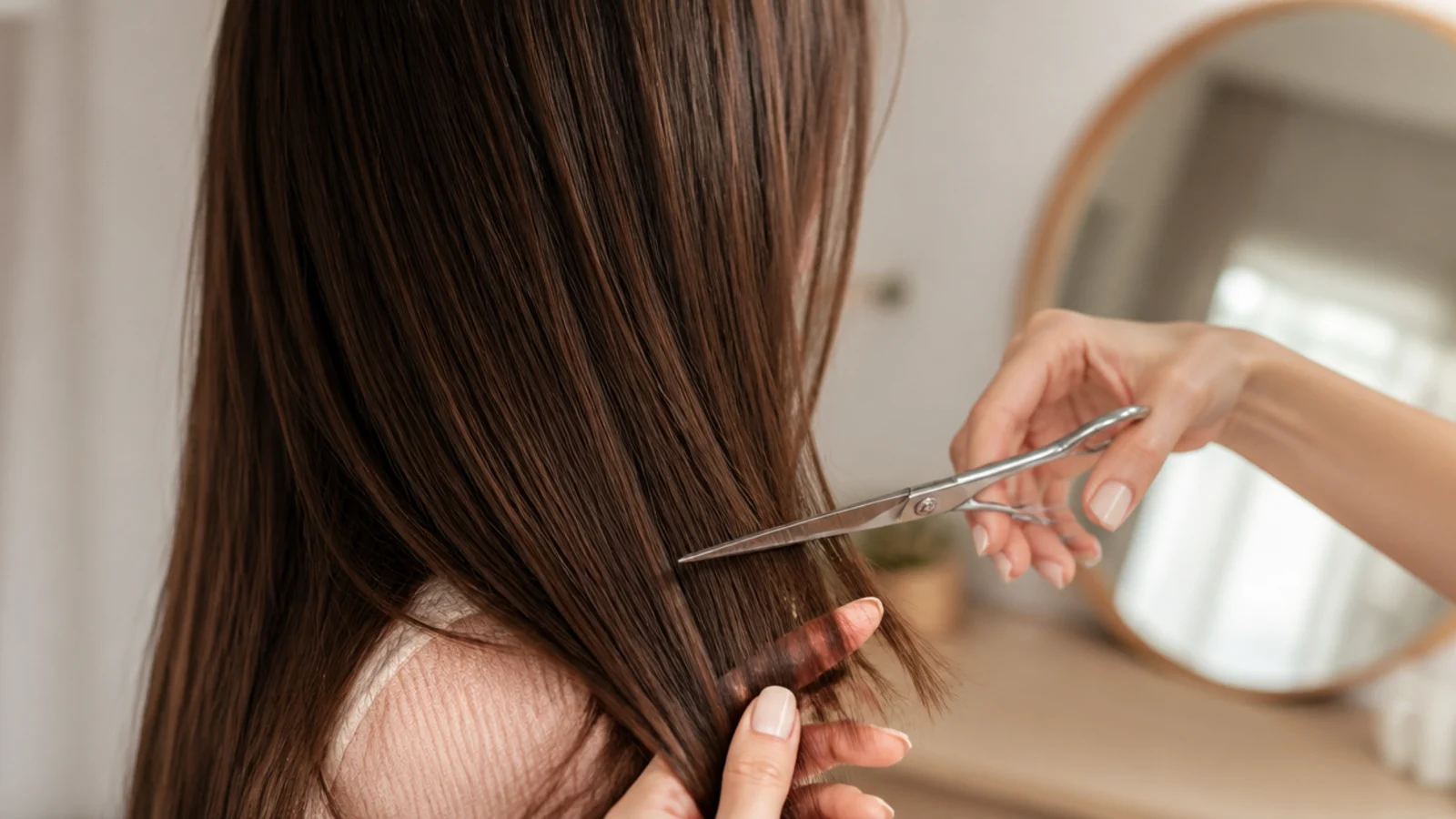 Shears taking a quarter inch off the ends of long hair as a dusting trim for hair growth
