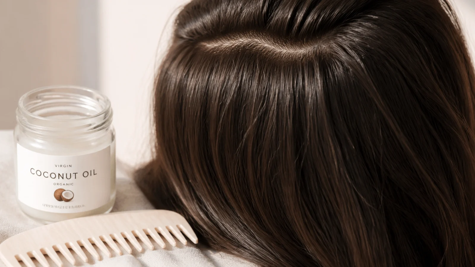 Jar of virgin coconut oil and a wide tooth comb set out for a pre-shampoo hair treatment