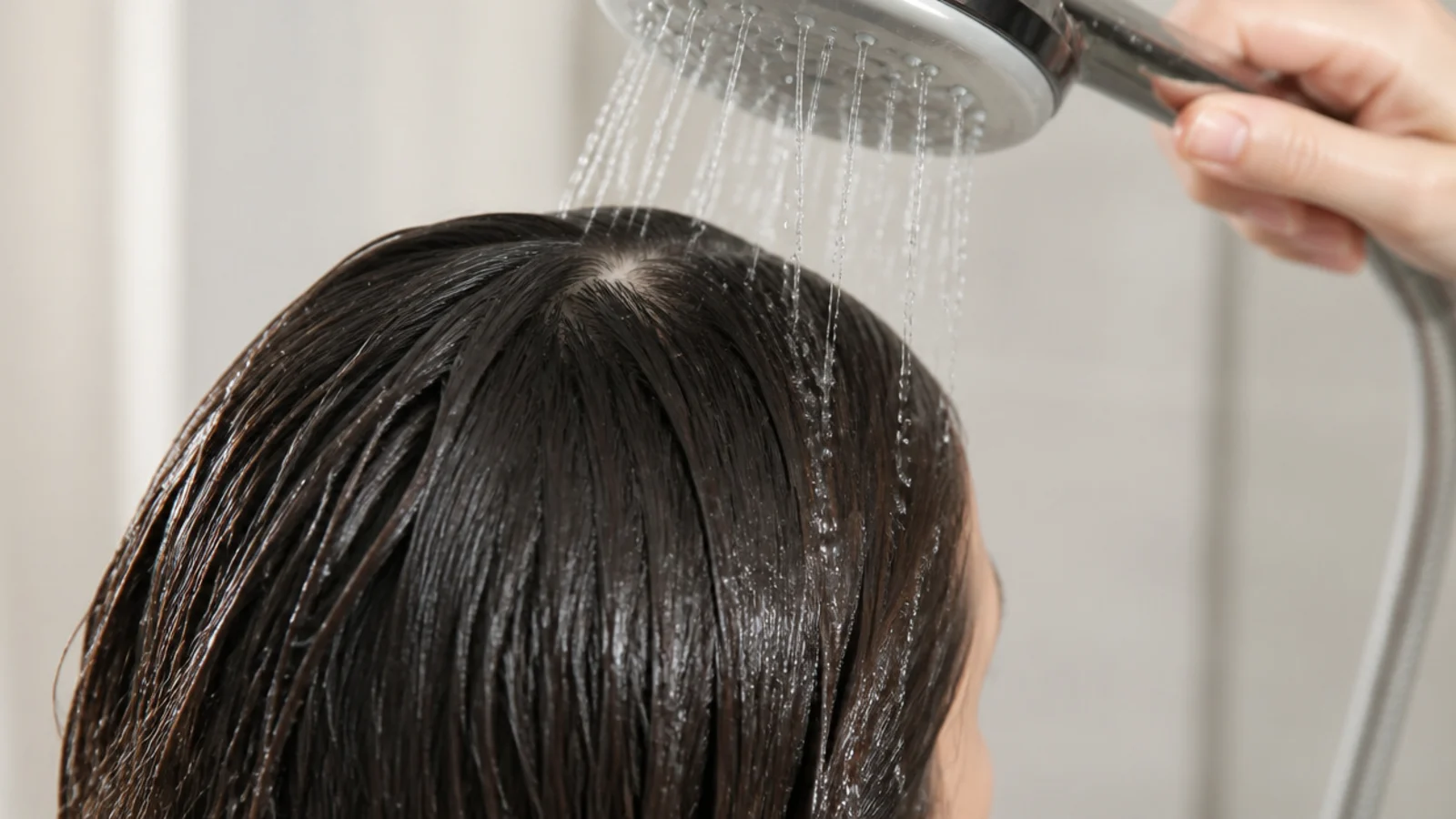 Shower head running lukewarm water over long hair as a gentle final rinse for hair health