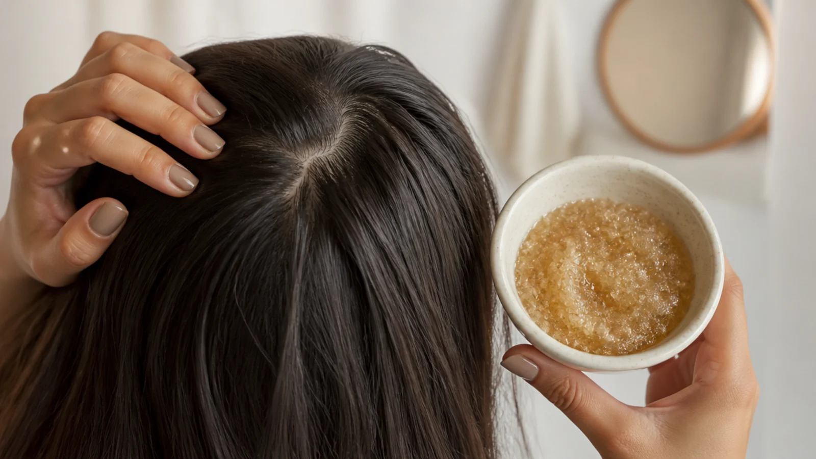 Homemade sugar and jojoba oil scalp scrub in a small bowl for removing buildup before shampoo