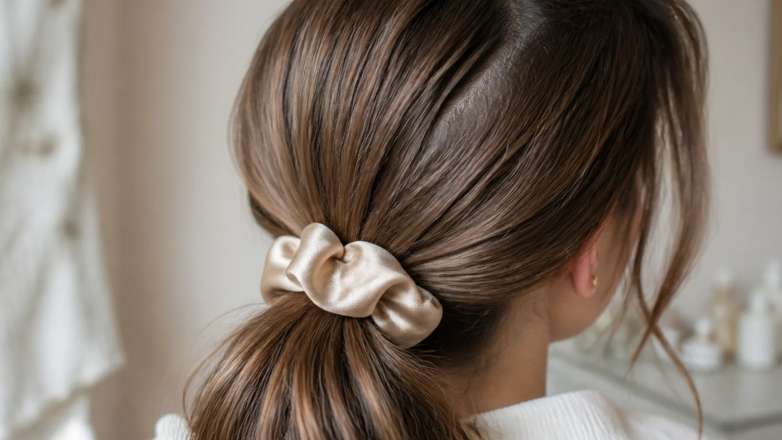 Loose low ponytail secured with a satin scrunchie to avoid tension breakage at the hairline