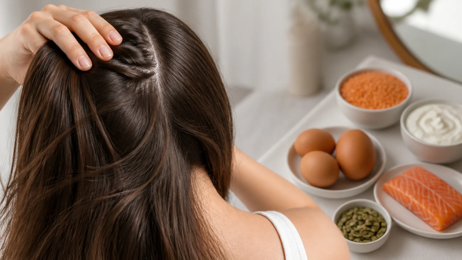 Eggs, salmon, lentils, Greek yogurt and pumpkin seeds arranged as protein foods for hair growth