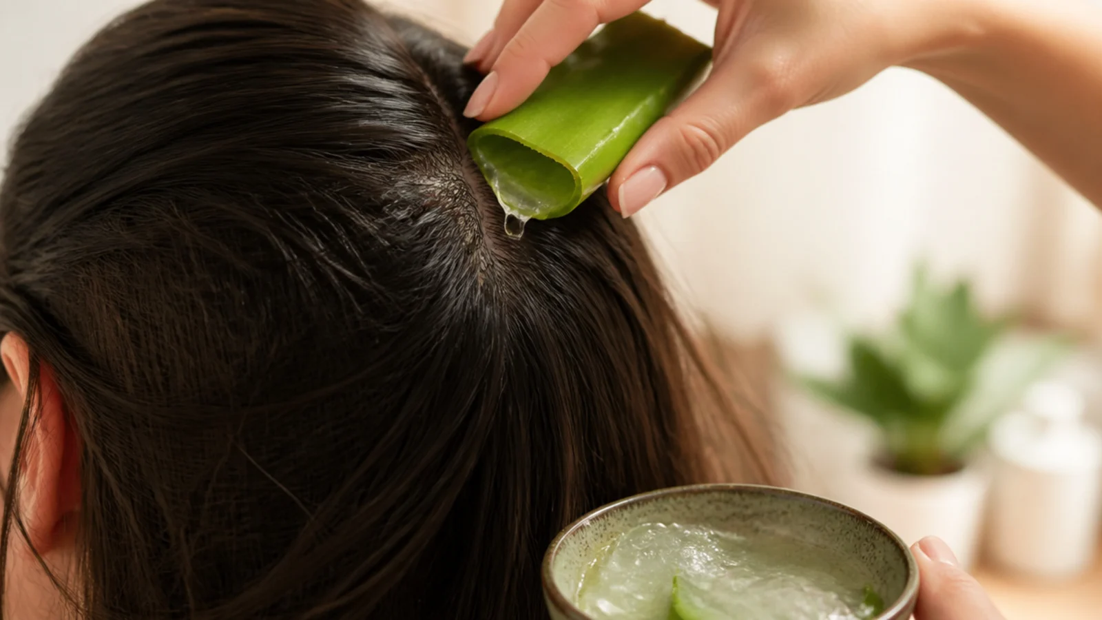 Fresh aloe vera leaf cut open with clear gel scooped out for a soothing scalp treatment