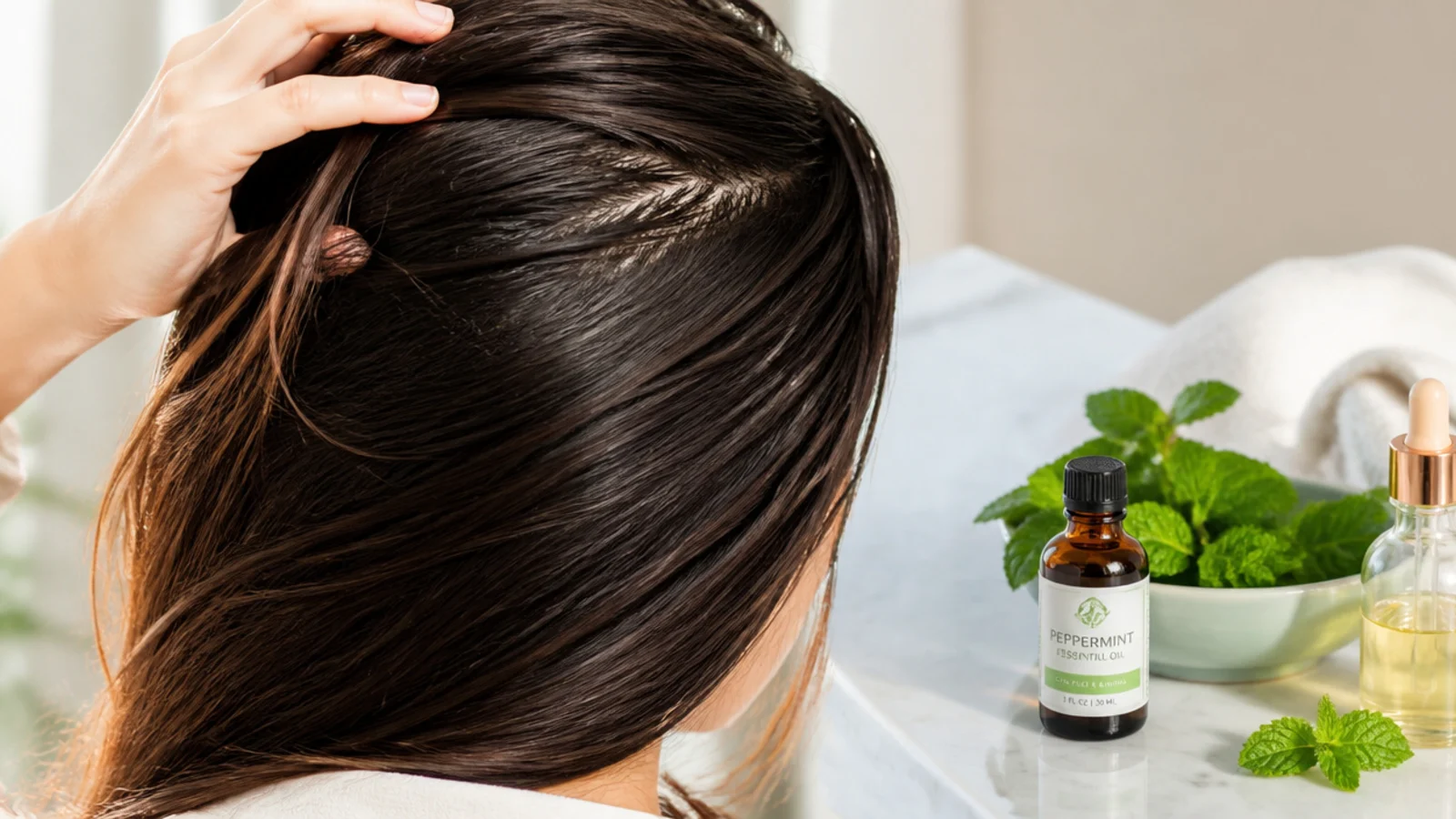 Peppermint essential oil bottle with fresh mint leaves prepared for a diluted scalp massage oil