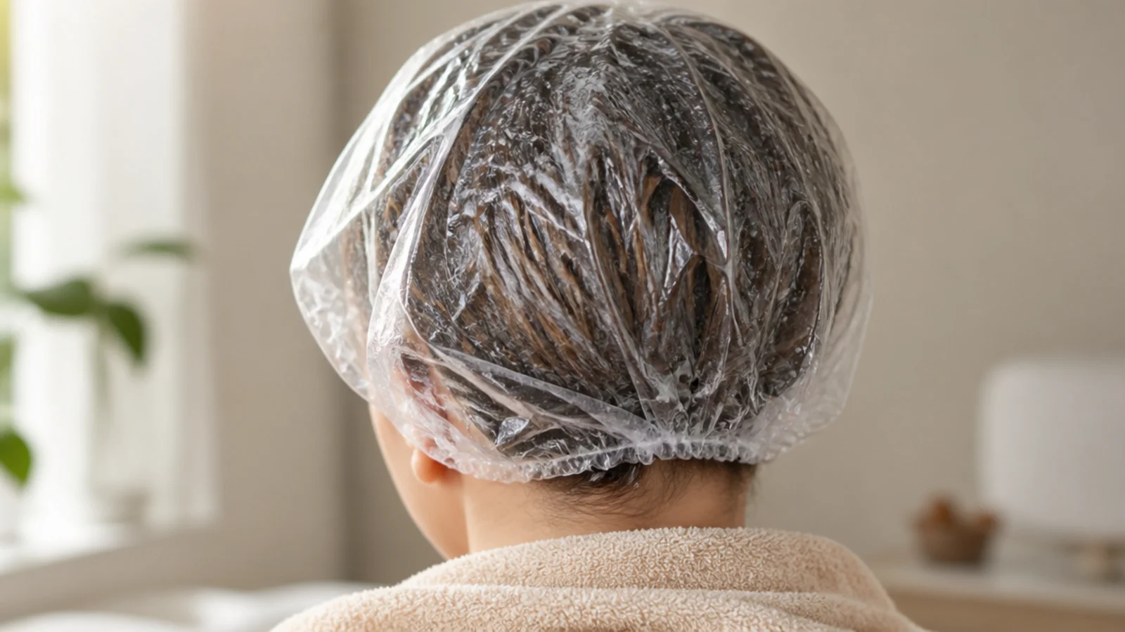 Hair covered with a deep conditioning mask under a shower cap and warm towel for 20 minutes