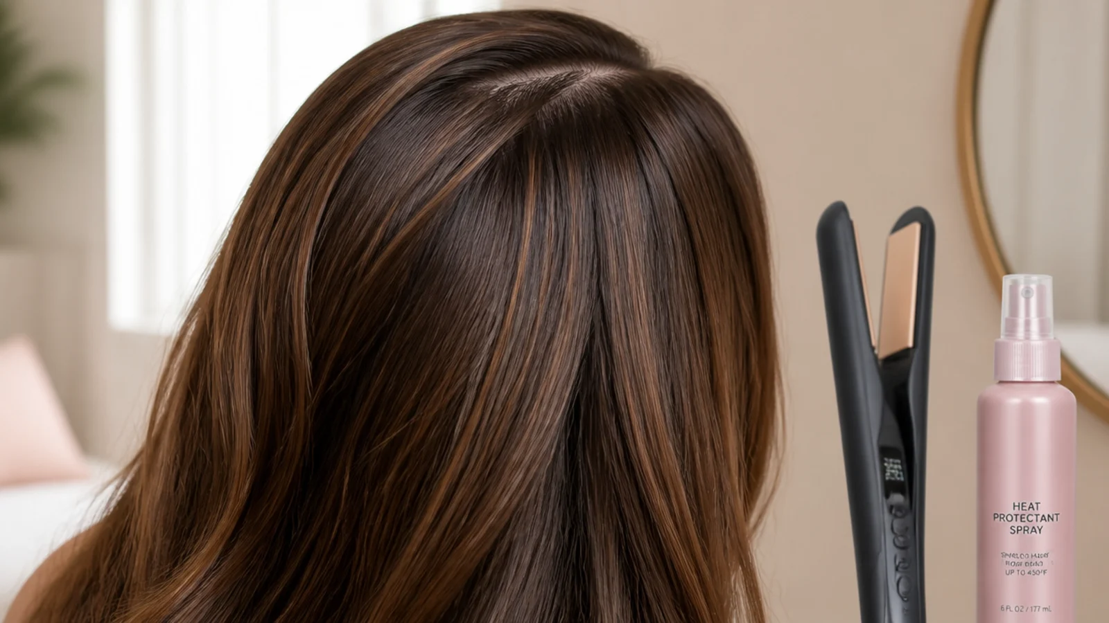 Flat iron set to 350 degrees beside a heat protectant spray for lower damage heat styling