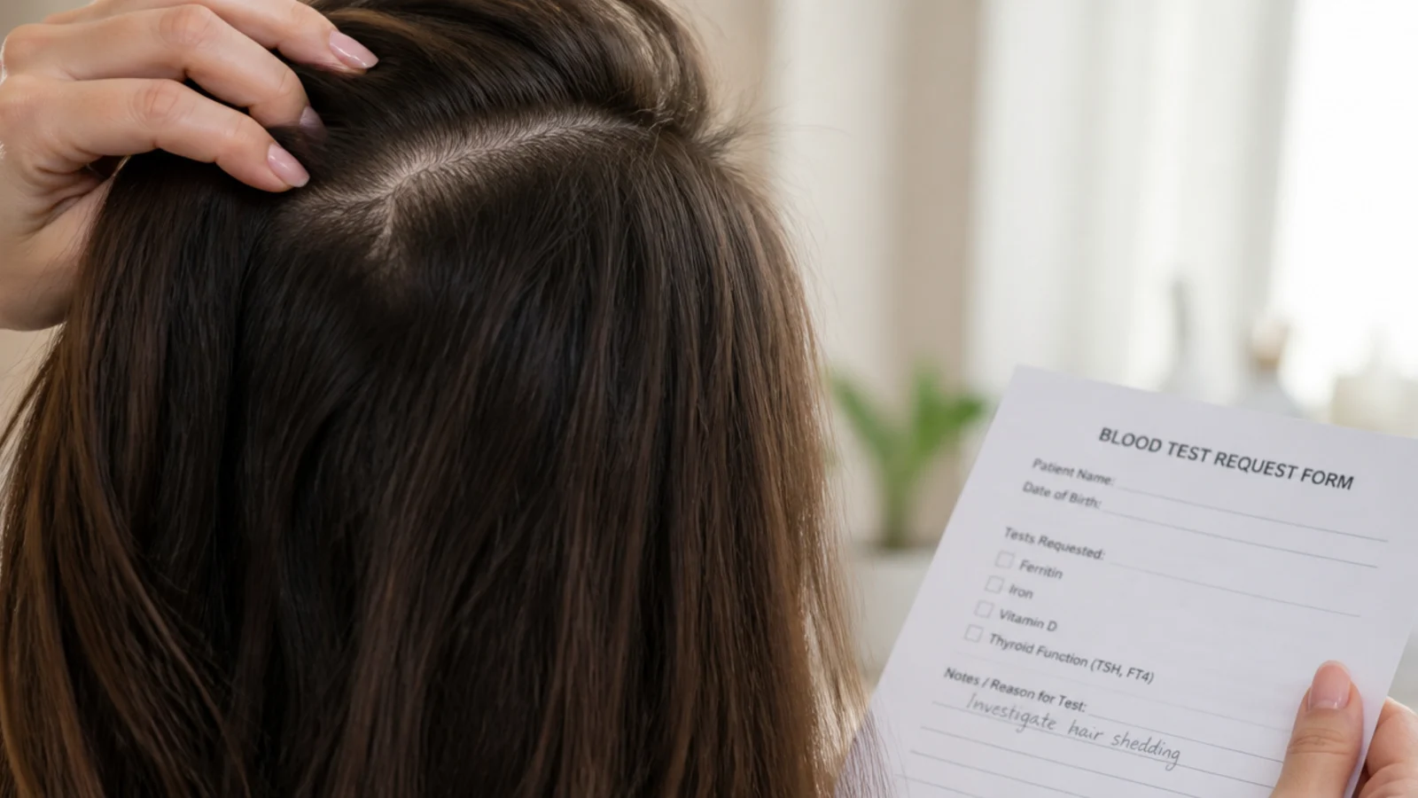 Blood test request form for ferritin, iron, vitamin D and thyroid to investigate hair shedding