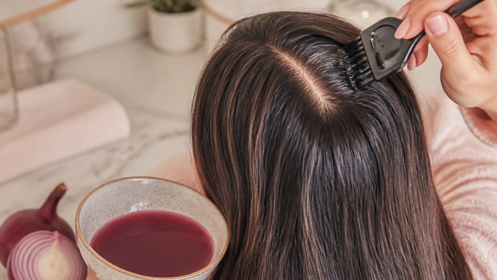 Strained red onion juice in a small bowl with a tint brush for a weekly scalp treatment