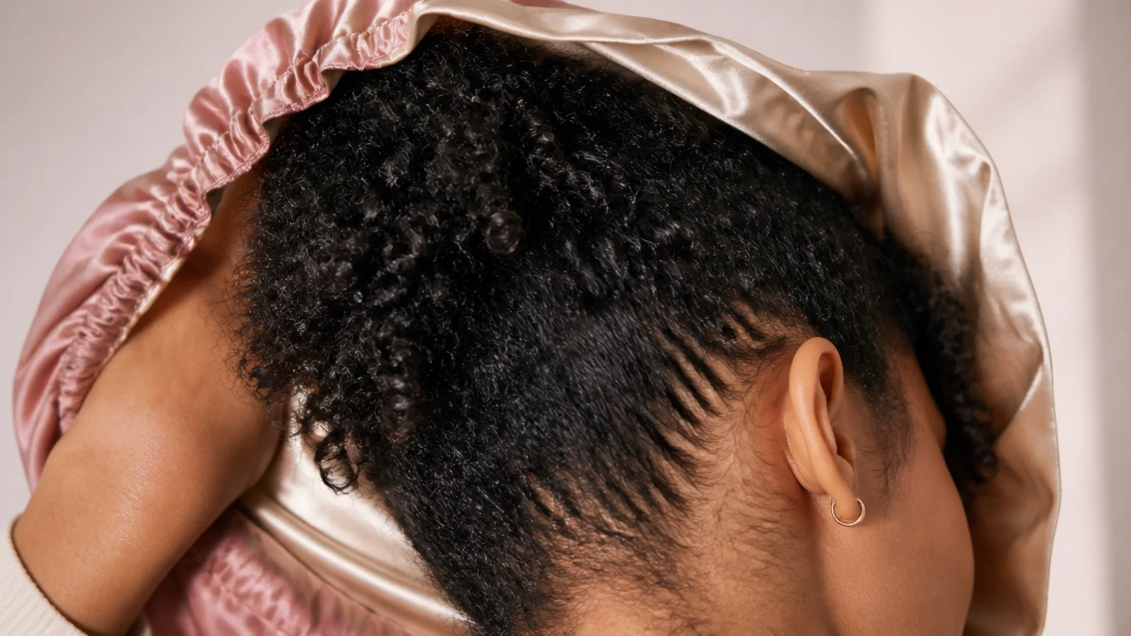 Satin lined sleep bonnet protecting coily hair overnight to reduce friction and moisture loss