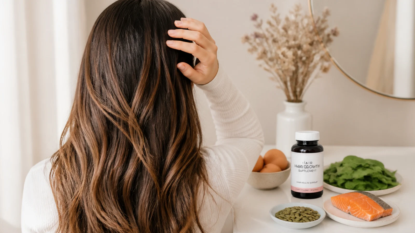 Eggs, spinach, salmon and pumpkin seeds beside a supplement bottle showing diet limits for hair growth