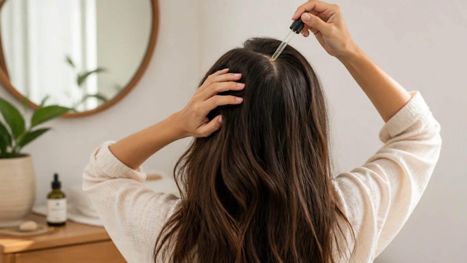Woman applying diluted rosemary oil to her scalp with a dropper as a natural hair growth tip