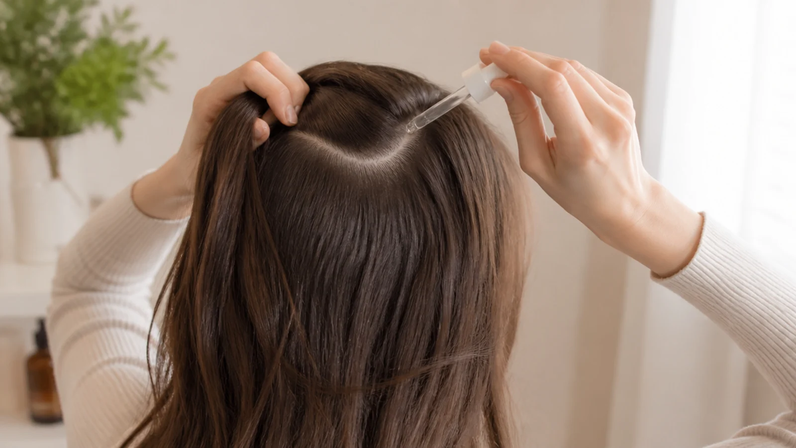 Close up of a clean healthy scalp parted in sections during a natural hair growth scalp treatment