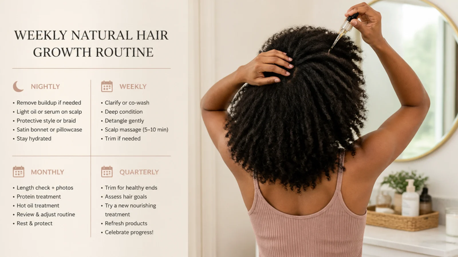 Weekly natural hair growth routine chart showing nightly, weekly, monthly and quarterly hair care tasks