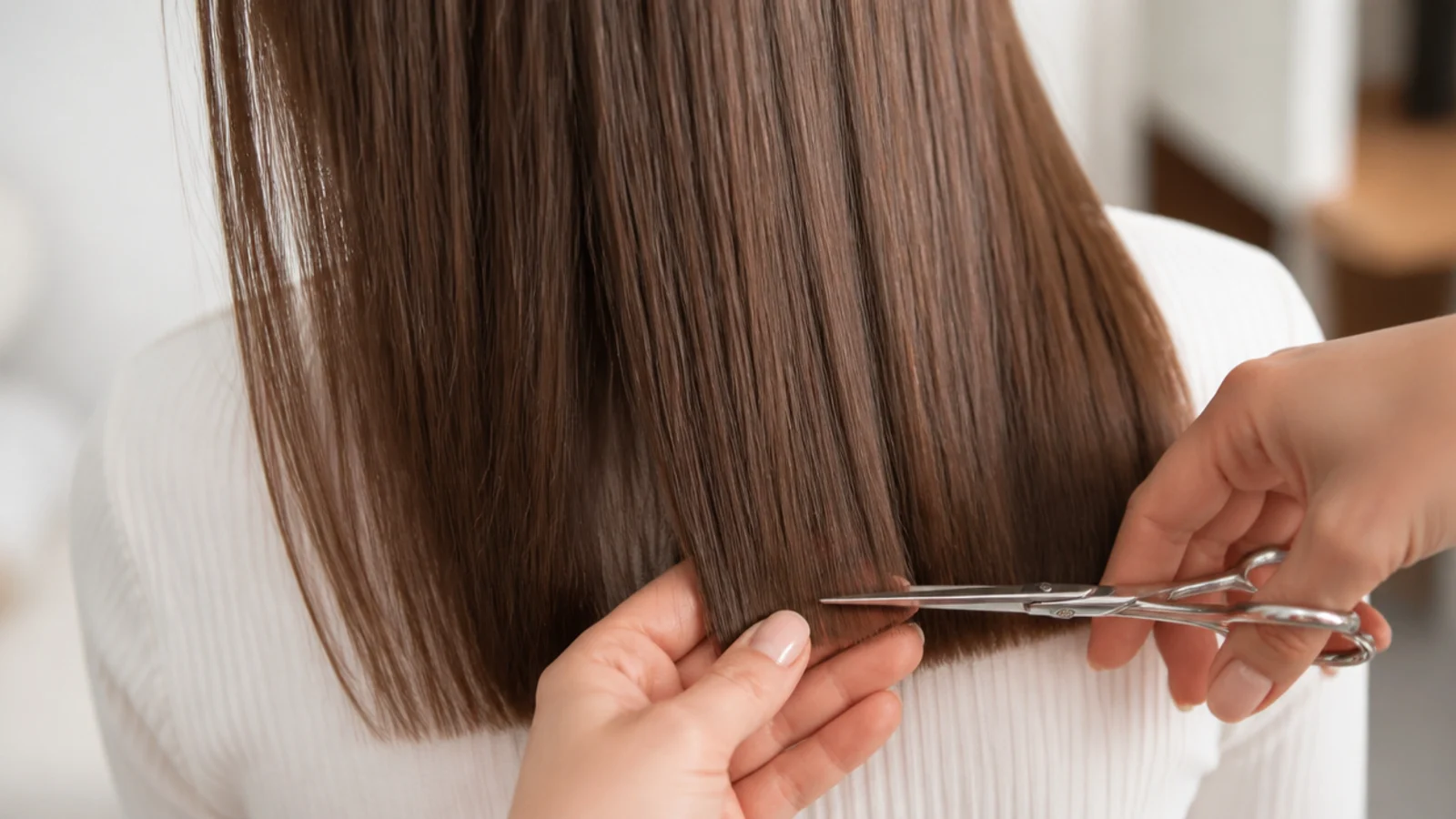 Hairdresser trimming a quarter inch off blunt ends of long hair with shears