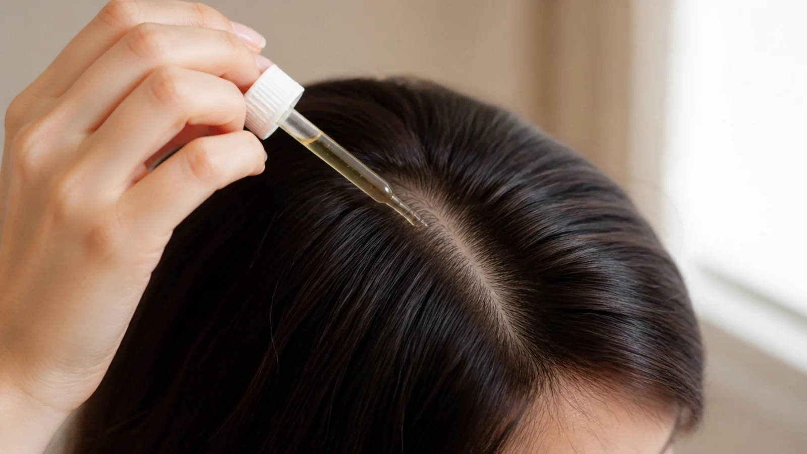 Dropper applying diluted rosemary oil along the scalp part line for hair growth