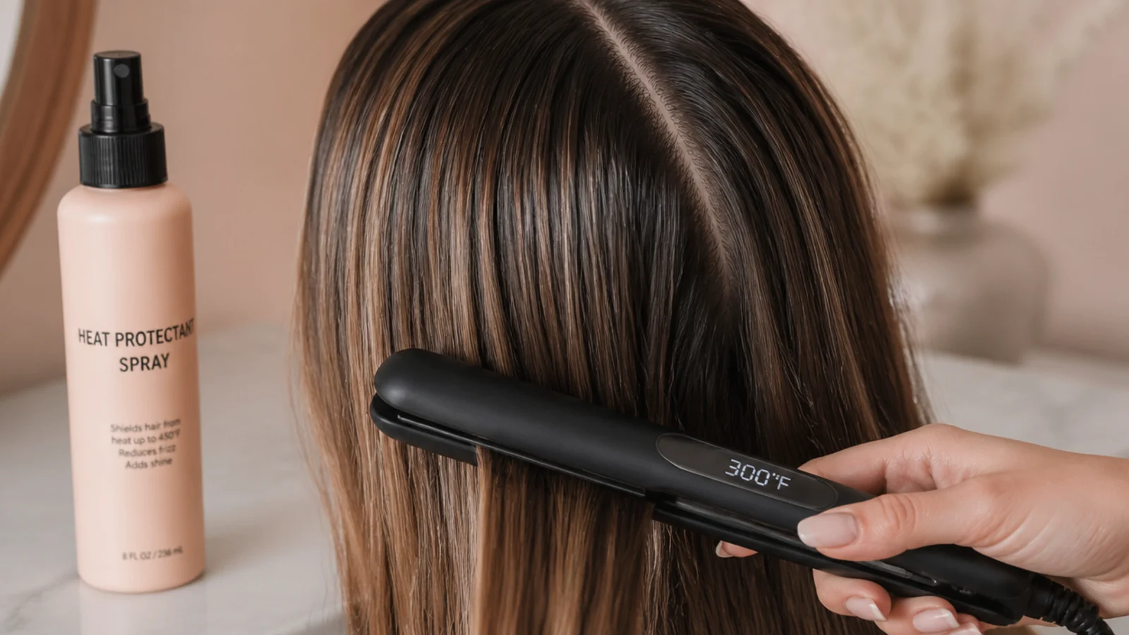 Flat iron set to 300 degrees beside a heat protectant spray for safer hair styling